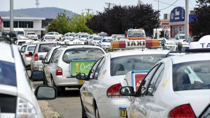Canberra Elite taxis lined up in Kembla Street Fyshwick on Monday. Photo: Graham Tidy
