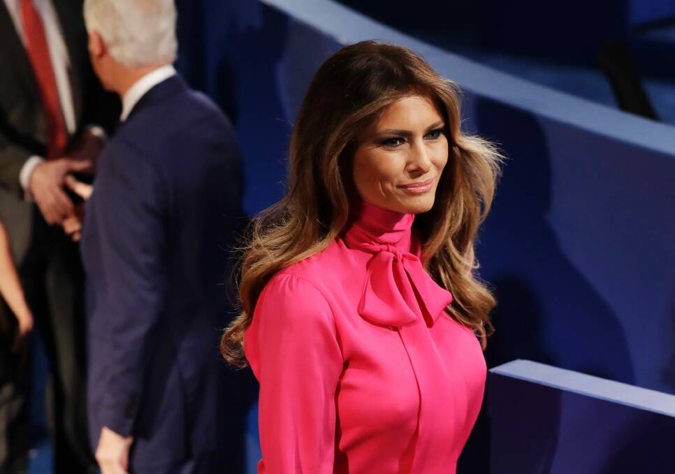 Prior to donning this "pussy bow" outfit, Melania Trump said her husband's lewd comments about women were "unacceptable and offensive".  Photo: AP