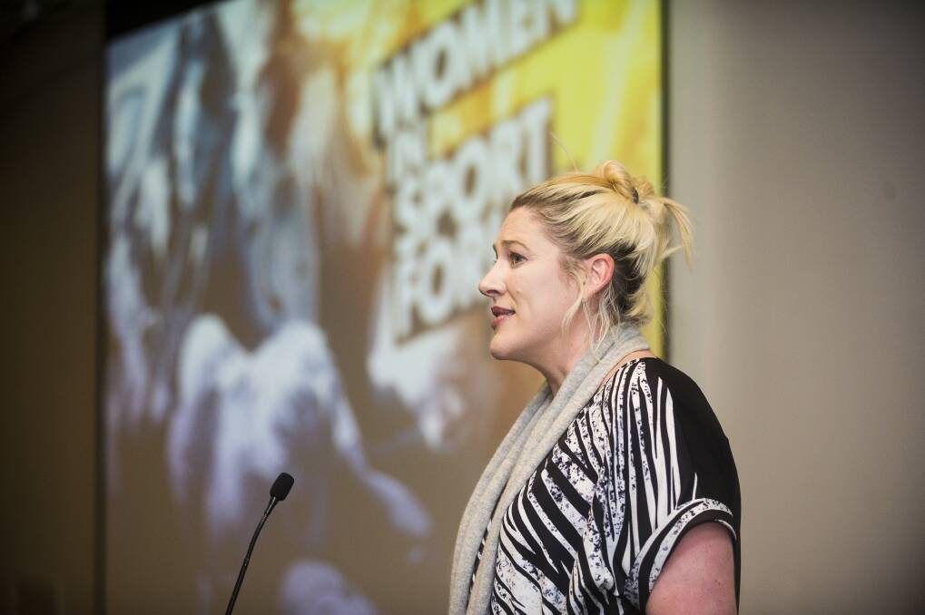Lauren Jackson speaking at the Driving Gender Equity conference she helped organise in Canberra. Photo: Dion Georgopoulos