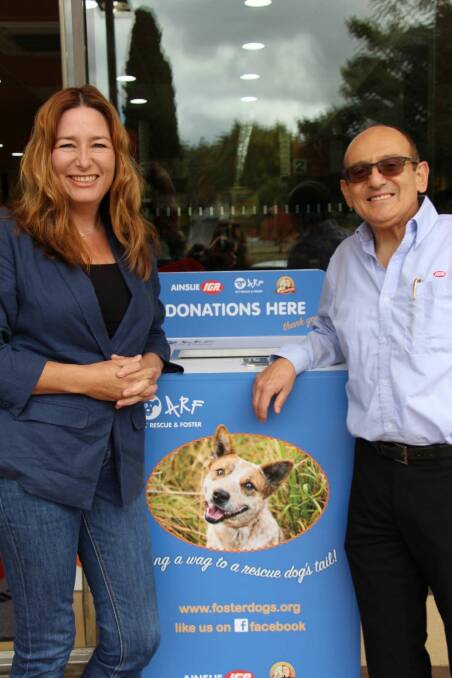 Ginninderra MLA Yvette Berry and Ainslie IGA owner Manuel Xyrakis in April at the launch of  the ACT Rescue and Foster donation bin at the Ainslie shops. Photo: Carolyn Kidd