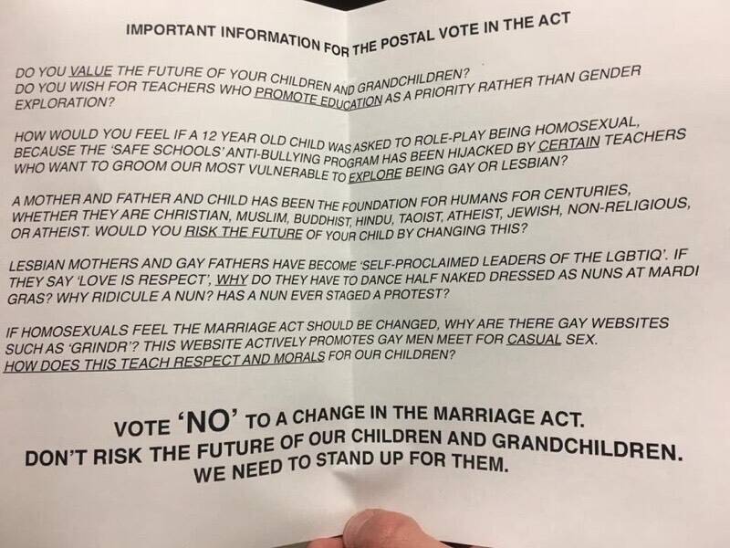 An anti same-sex marriage and Safe Schools pamphlet left in a Turner letterbox. Photo: Supplied