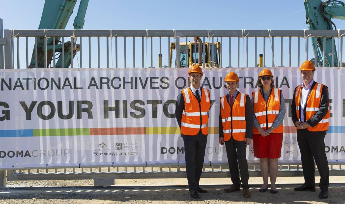 Jure Domazet (Doma Group), David Fricker (National Archives), Cheryl Watson (National Archives) and Gavin Edgar (Doma Group) at the Mitchell site. Photo: Supplied