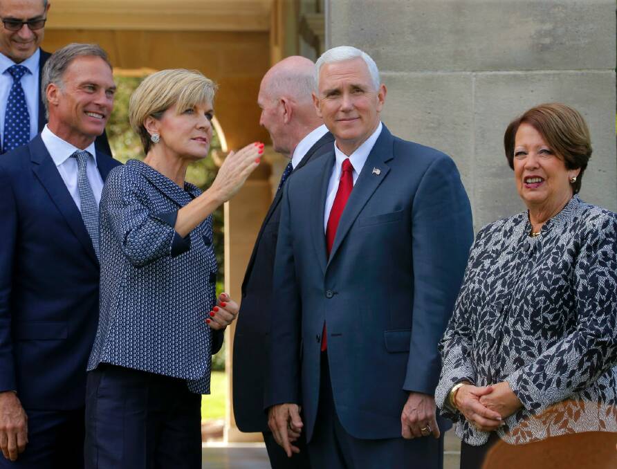 Mike Pence and Julie Bishop at a reception for Australian and US servicemen and women at Admiralty House in Kirribilli.  Photo: AP