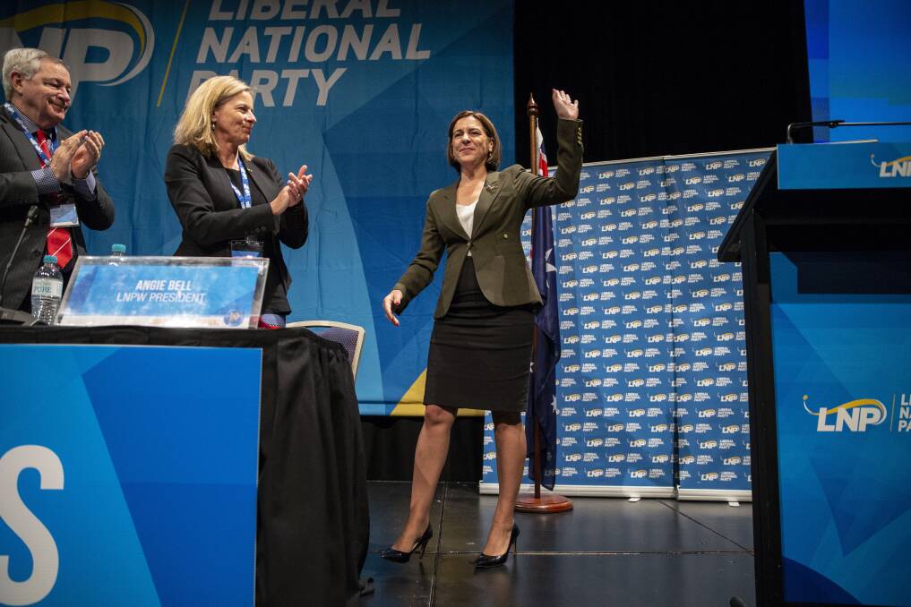 Queensland LNP leader Deb Frecklington (right) at the party's state convention at the Royal International Convention Centre in Brisbane on Sunday.  Photo: AAP