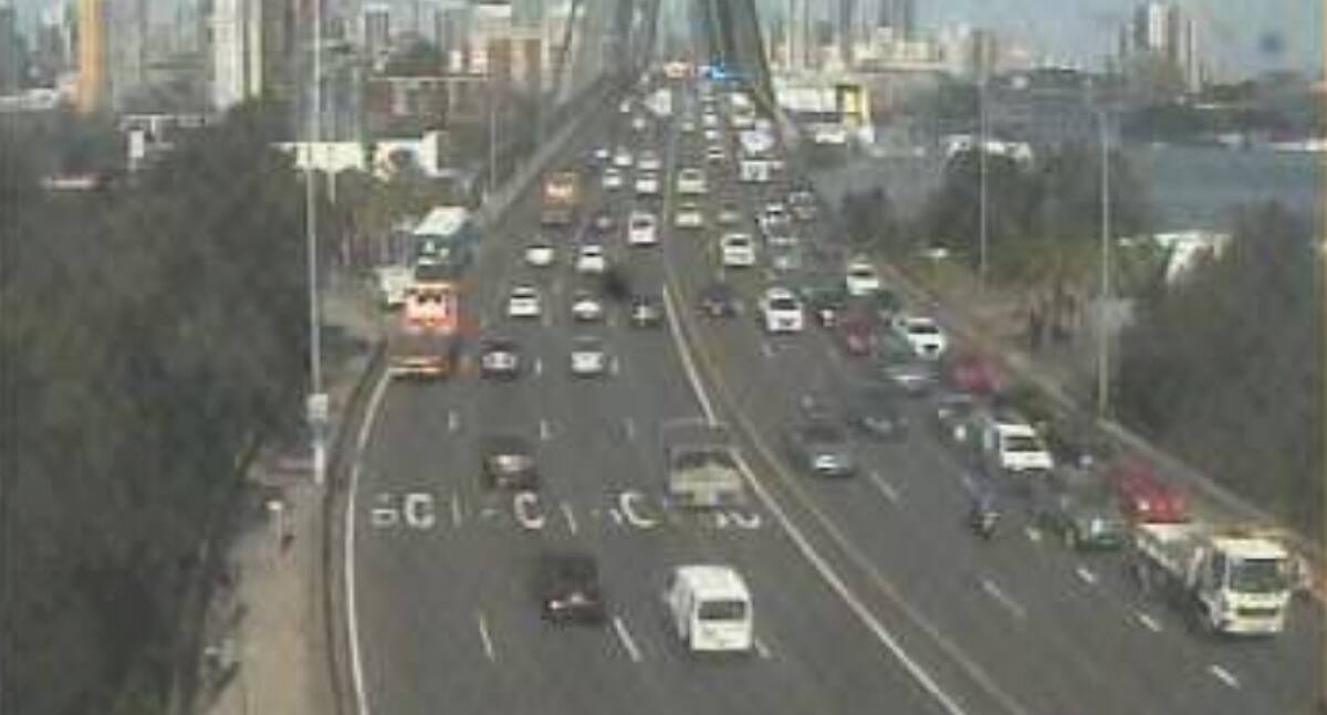 The bus on Anzac Bridge on Friday afternoon. Photo: Live Traffic NSW