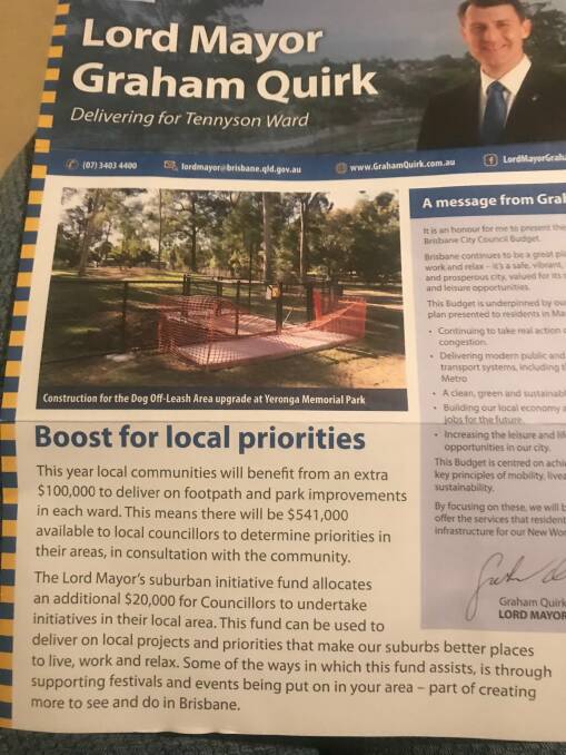 Brisbane City Council brochure sent to Tennyson Ward residents with details of the 2018-19 budget. Photo: Nicole Johnston