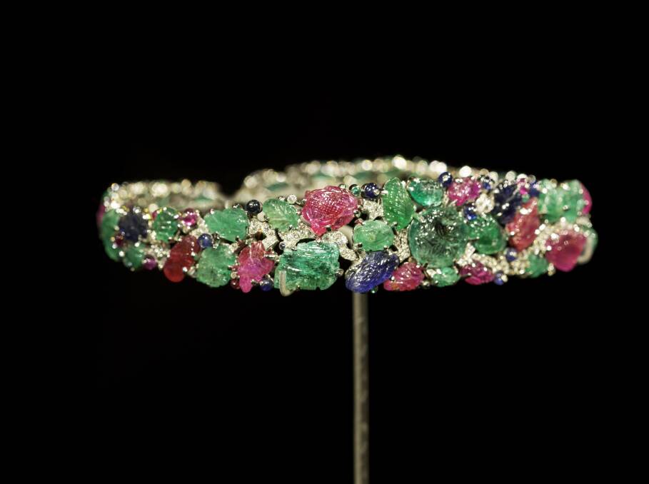 Cartier London Tutti Frutti bandeau 1928, platinum, emeralds, rubies, sapphires, diamonds, lent through the generosity of William and Judith, and Douglas and James Bollinger, on longterm loan to Victoria and Albert Museum, London, Photo: Victoria and Albert Museum, London