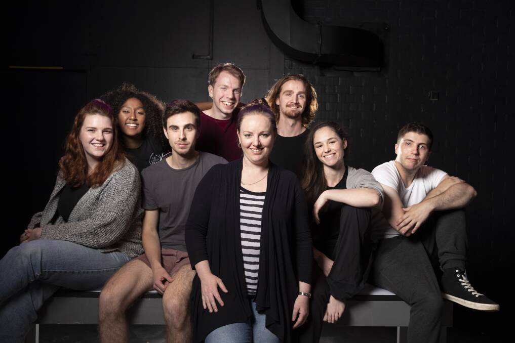 Members of The Street's pre-professional program: Anneka van der Velde, Hiyab Kerr, Damon Baudin, stage manager and director's assistant Daniel Berthon, director Karla Conway, Hayden Splitt, Bronte Forrester and Ash Hamilton-Smith. Photo: Sitthixay Ditthavong