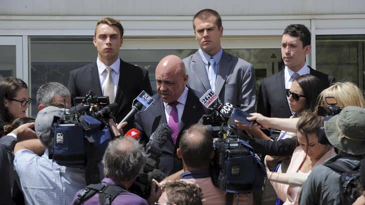 No jail time ... Lawyer Francis Cahill, centre front, addresses the media with Dylan Deblaquiere, left,  and Daniel McDonald, centre back. Photo: Graham Tidy