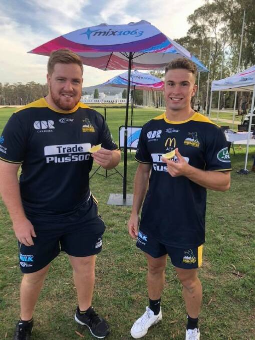 Brumbies players Tom Ross and Will Goddard also took the Lemon Face Challenge. Photo: Supplied