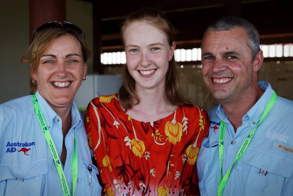 Volunteer Zoe Marshall with Australian Medical Assistance Team paramedics Edda Courtney and David Ferrari, who rescued her from Pentecost Island.  Photo: Andrew Meares