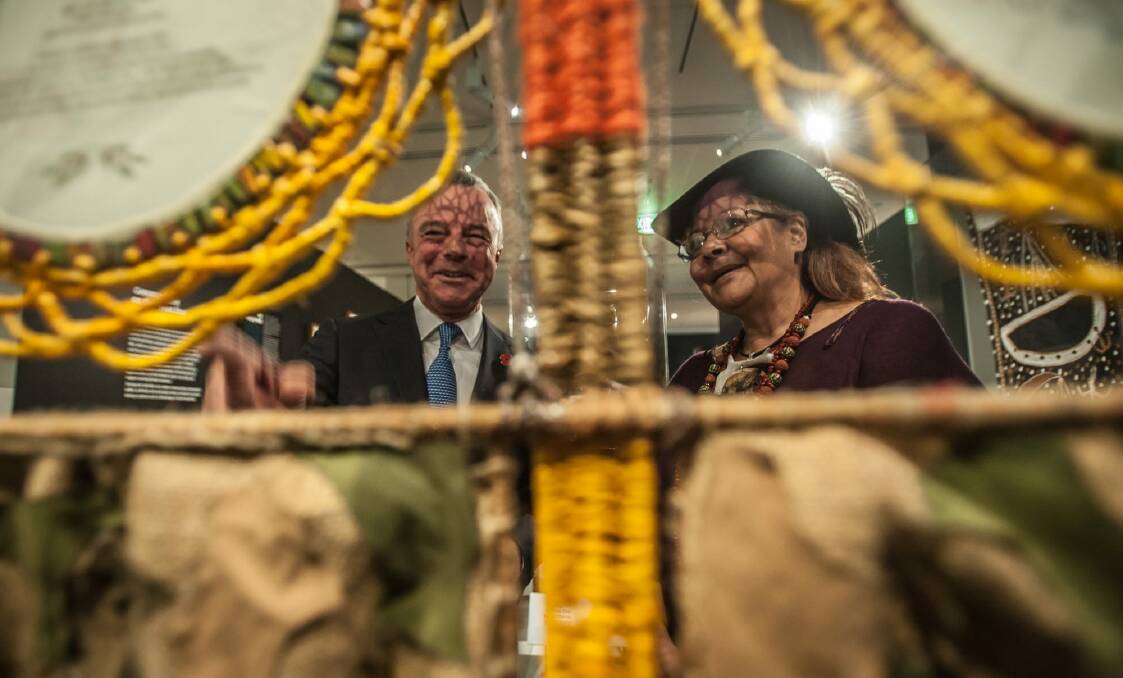 Australian War Memorial's latest exhibition, For Country, for Nation. Director of the Australian War Memorial Brendan Nelson chats with commissioned artist Clair Bates. Photo: Karleen Minney