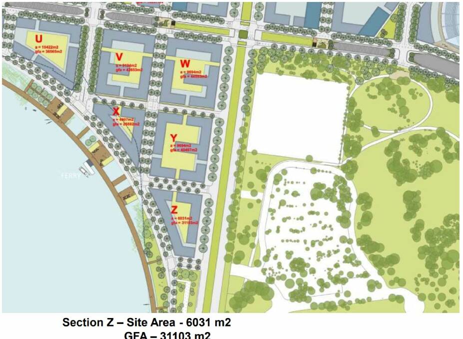 An early proposal for West Basin, produced in November 2012, and posted on the government’s Freedom of Information disclosure log in January. The plan assumes apartments of 100 square metres, and suggests apartment numbers on each site as follows: U, 375 apartments; V, 363; W, 356; X, 215; Y, 324; Z, 249.
 Photo: Supplied
