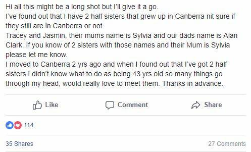 The post Debbie Clark posted to Facebook group, Canberra Notice Board, to try and find her sisters. Photo: Facebook