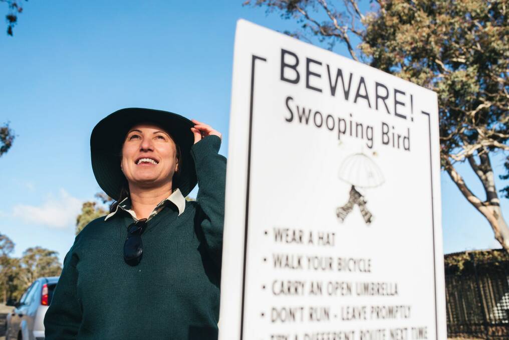 Ranger Nadia Rhodes suggests a hat or umbrella as the best ways to protect against swooping magpies. Photo: Rohan Thomson