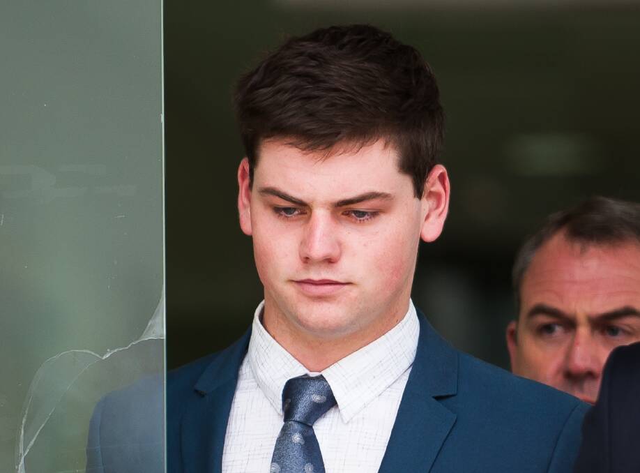 ADFA cadet Jack Toby Mitchell leaves the ACT Magistrates Court after pleading not guilty to raping a fellow cadet while she was sleeping. Photo: Elesa Kurtz