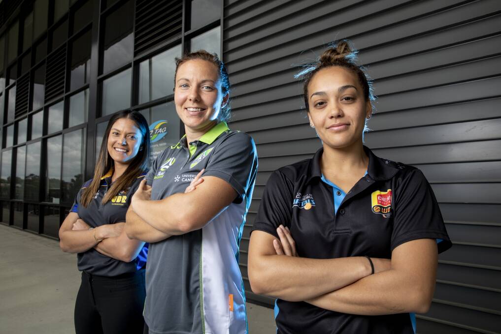 Leilani Mitchell (R) with Canberra United's Rachel Corsie and ACT Meteors' Angela Reakes at the Women's Summer of Sport launch. Photo: Sitthixay Ditthavong