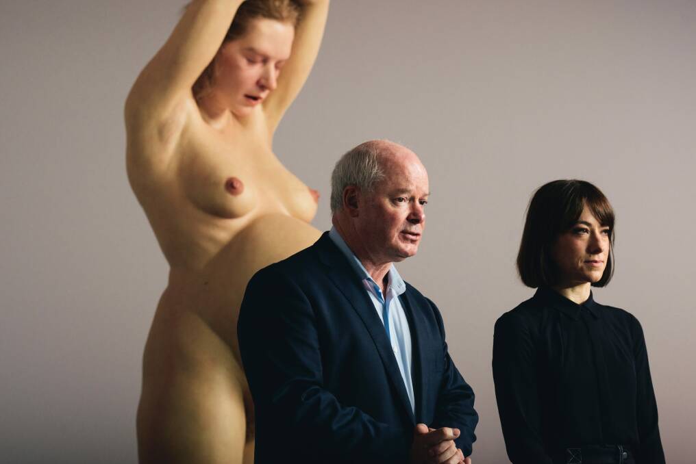 NGA director Gerard Vaughan and senior curator Jaklyn​ Babington with Ron Mueck​'s Pregnant Woman. Photo: Rohan Thomson