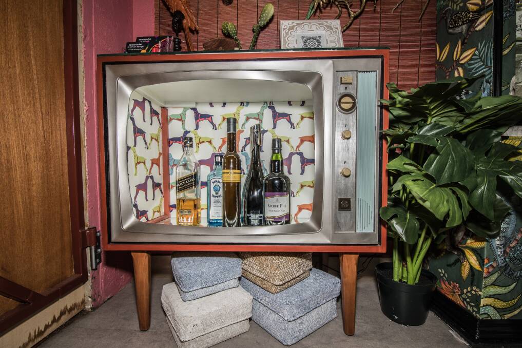 Luxecycling is Jane's passion. She turned this 1960s television into a mini bar. Photo: Karleen Minney