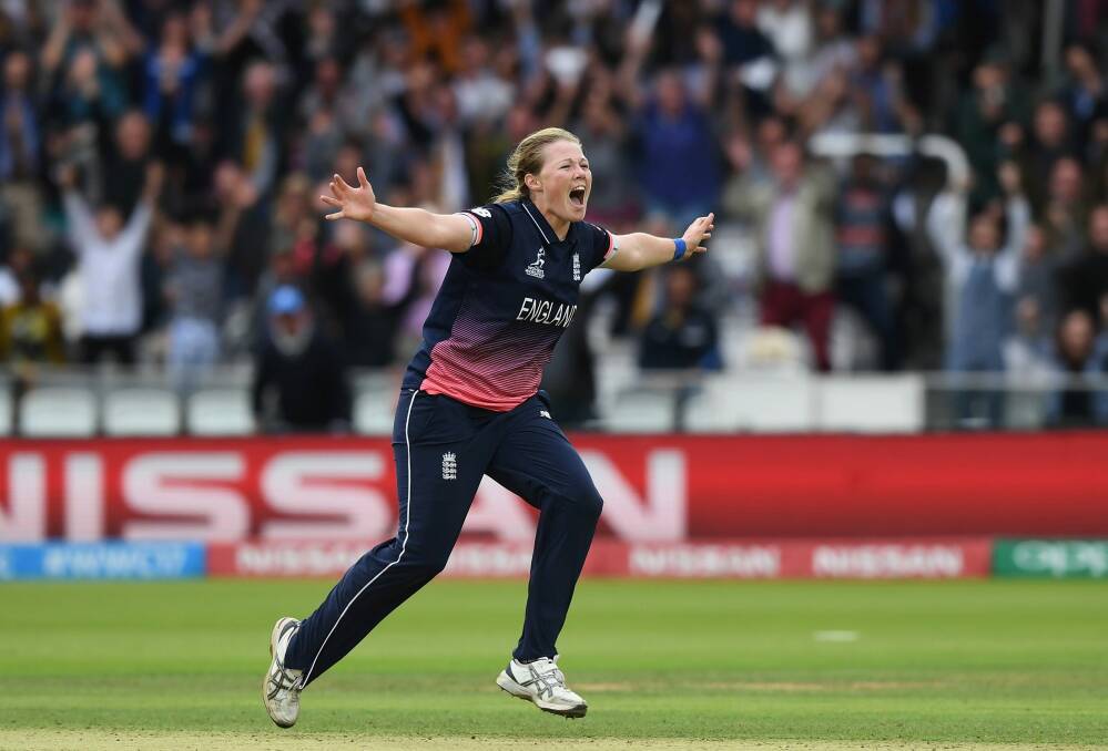Anya Shrubsole of England celebrates after taking the final India wicket. Photo: Shaun Botterill