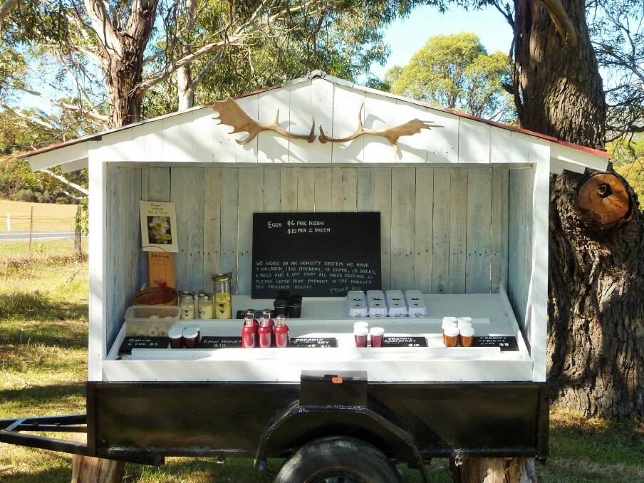 This road-side stall on the Alpine Way is a popular for its free range eggs. Photo: Supplied