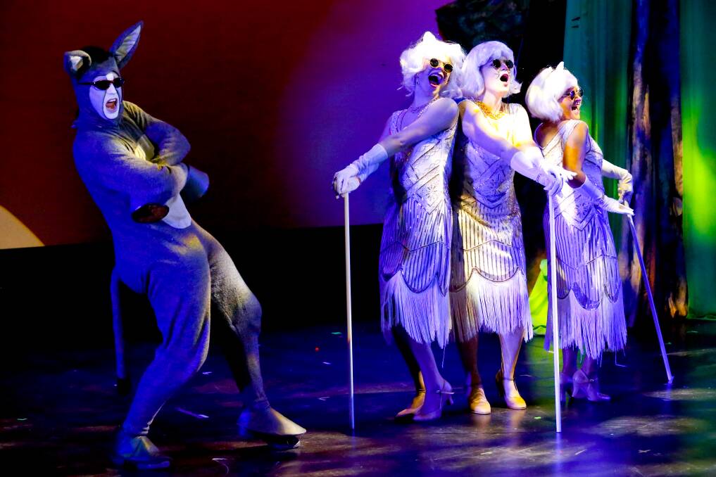 From left, Joel Hutchings as Donkey and Tegan Braithwaite, Alex McPherson and Kirrily Cornwell as the Three Blind Mice in Shrek the Musical. Photo: Craig and Steph Burgess