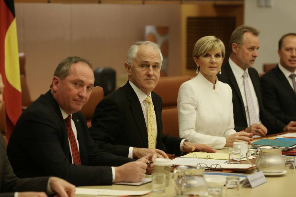 Deputy Prime Minister Barnaby Joyce, Prime Minister Malcolm Turnbull and Foreign Minister Julie Bishop in the cabinet meeting that ultimately ended Kevin Rudd's bid to become UN chief. Photo: Andrew Meares