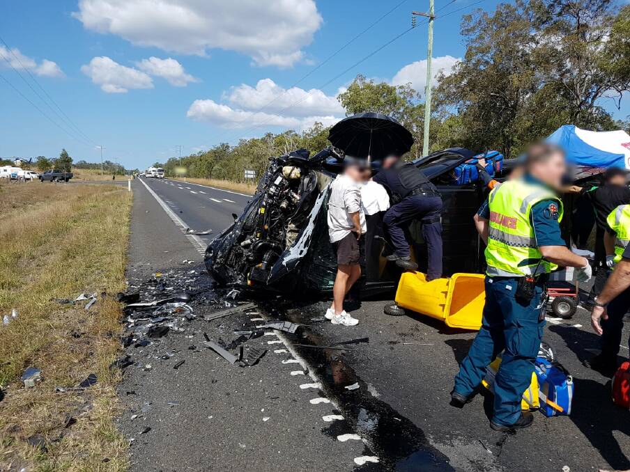 Two people died after a two-car crash in South Isis near Bundaberg on the central Queensland coast. Photo: RACQ LifeFlight Rescue