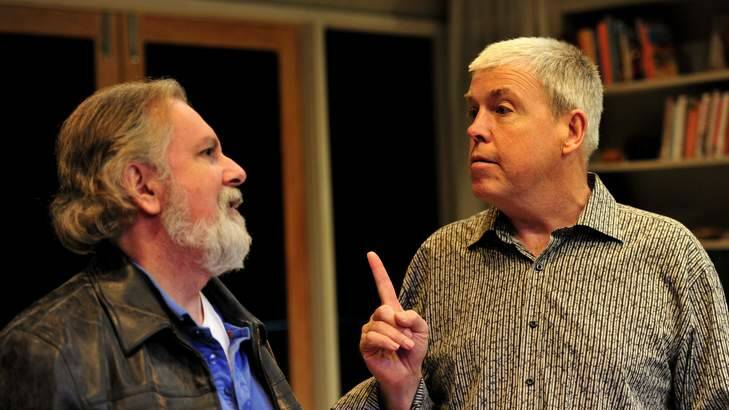 Pat Gallagher as Mal and Peter Robinson as Don rehearse for the Canberra Repertory Society's production of <i>Don Parties On</i>. Photo: Jay Cronan