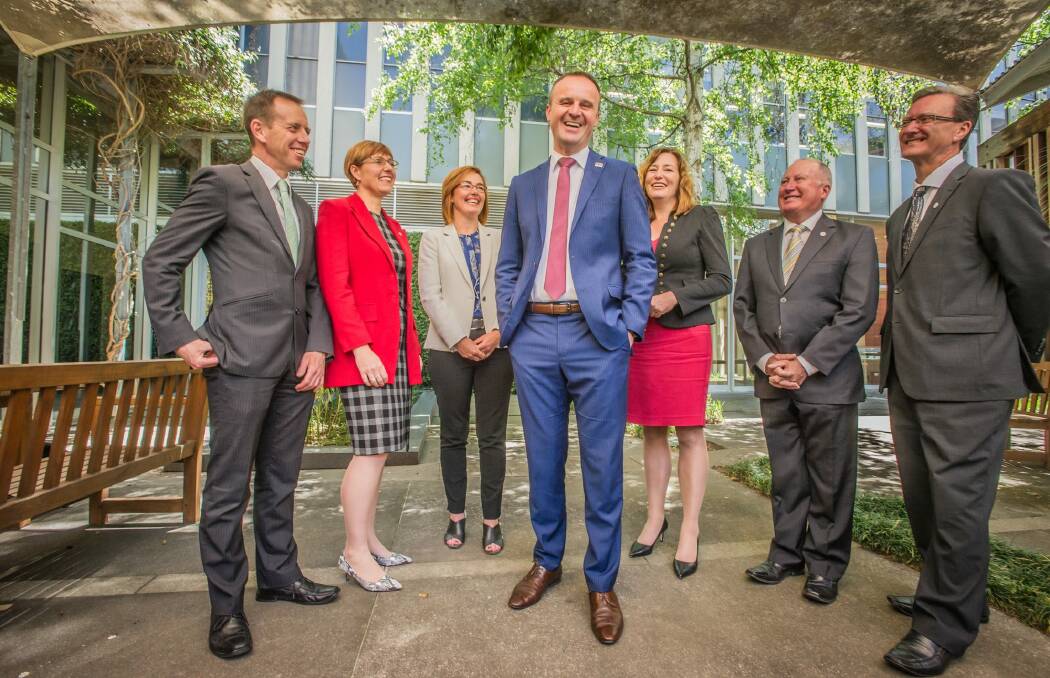 Chief Minister Andrew Barr announces his ministry. (from left) Shane Rattenbury, Rachel Stephen-Smith, Meegan Fitzharris, Andrew Barr, Yvette Berry, Mick Gentleman and Gordon Ramsay.  Photo: Karleen Minney
