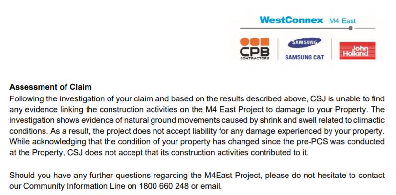 Letter to a resident rejecting their 'claim' for compensation for damages to their property from the WestConnex project. Photo: Supplied