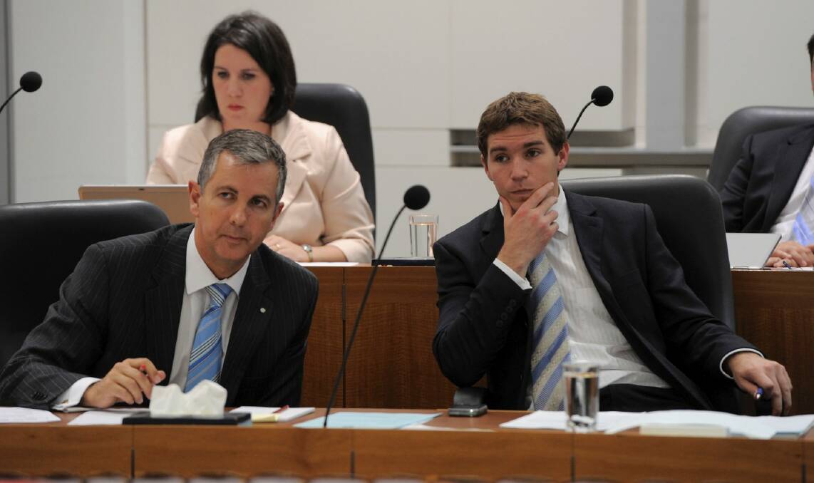 Opposition Leader Jeremy Hanson and deputy Liberal leader Alistair Coe, The Liberal line-up is expected to be confirmed by the last week of April.  Photo: Graham Tidy