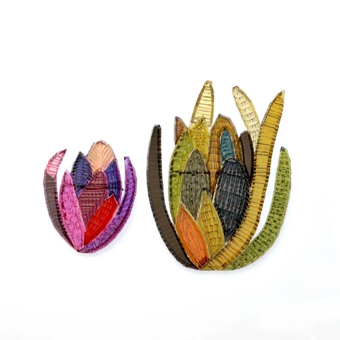 Kath Inglis, Protea Brooches, hand cut PVC, stainless steel brooch fitting, from In Light Of.
 Photo: Supplied