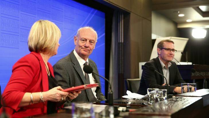 Mr Costello, with Jan Owen and Toby Hall, at the press club. Photo: Alex Ellinghausen