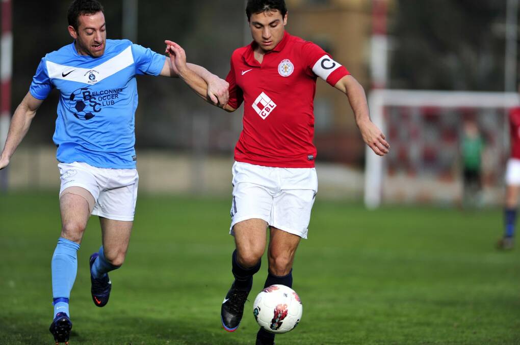 Former Canberra FC midfielder Ivan Pavlak (right) will make his FFA Cup debut for Hume City against the Brisbane Strikers on Wednesday night. Photo: Melissa Adams