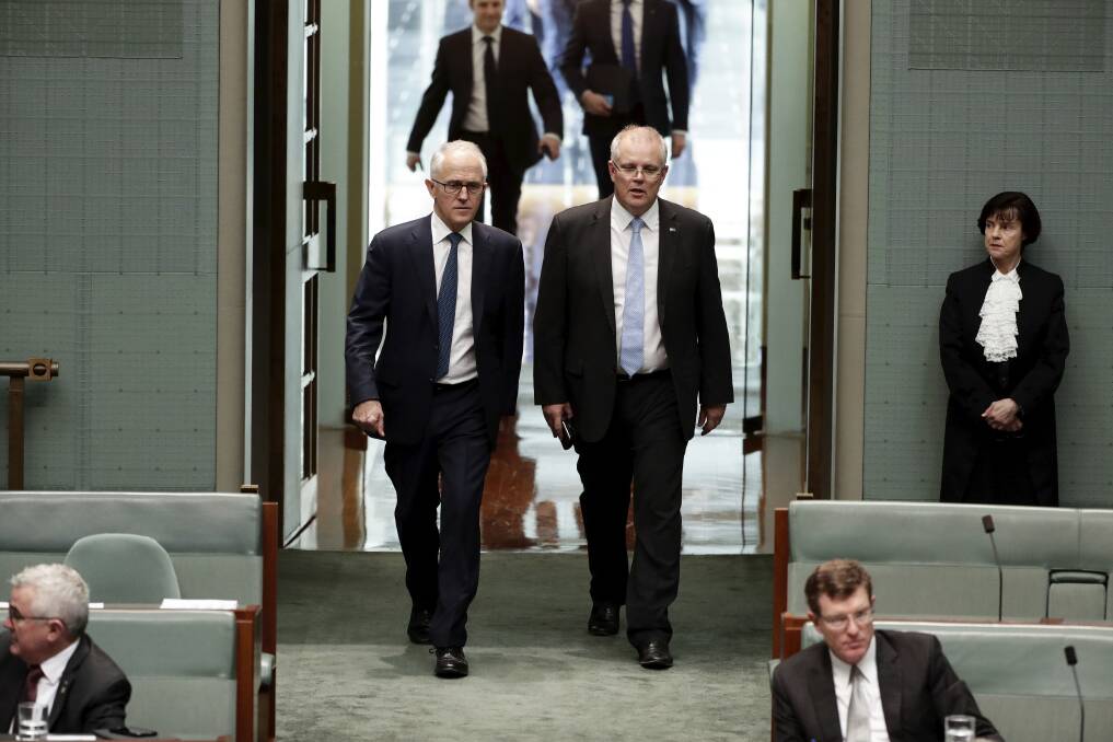 Malcolm Turnbull and Scott Morrison the day before the leadership spill in August.  Photo: Alex Ellinghausen