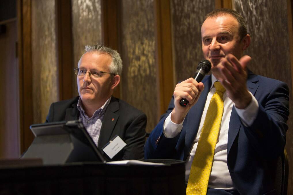 ACT Labor senate candidate David Smith and ACT Chief Minister Andrew Barr at a breakfast forum in Woden on Friday. Photo: Andrew Taylor