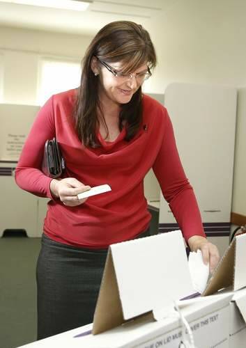Senator Kate Lundy votes at the Polling Place at the Downer Community Centre in Canberra. Photo: Jeffrey Chan