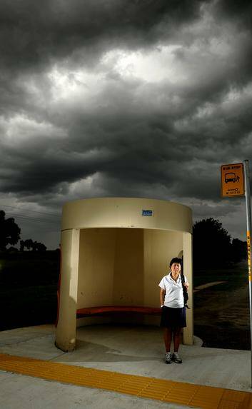 Yue Li waits for a bus under heavy skies after leaving work at Geoscience Australia in Symonston. Photo: Stuart Walmsley