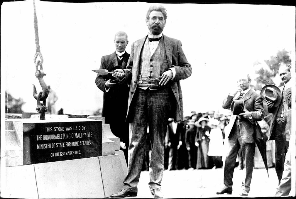 King O'Malley stands beside the foundation stone at the ceremony of the Federal Capital. Photo: Fairfax Media