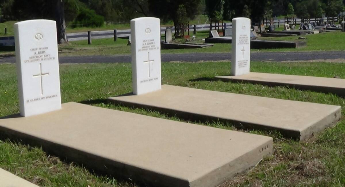 The graves in Moruya Cemetery of the three victims of the Japanese submarine attack on the Dureenbee, an unarmed fishing trawler off the south coast in 1942. Photo: Richard Fisher