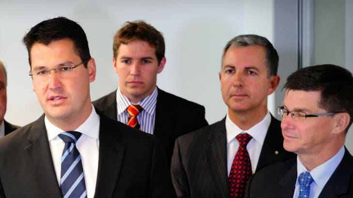 From left, ACT Liberal leader Zed Seselja, Alistair Coe, Jeremy Hanson and  Brendan Smyth. Photo: Karleen Minney