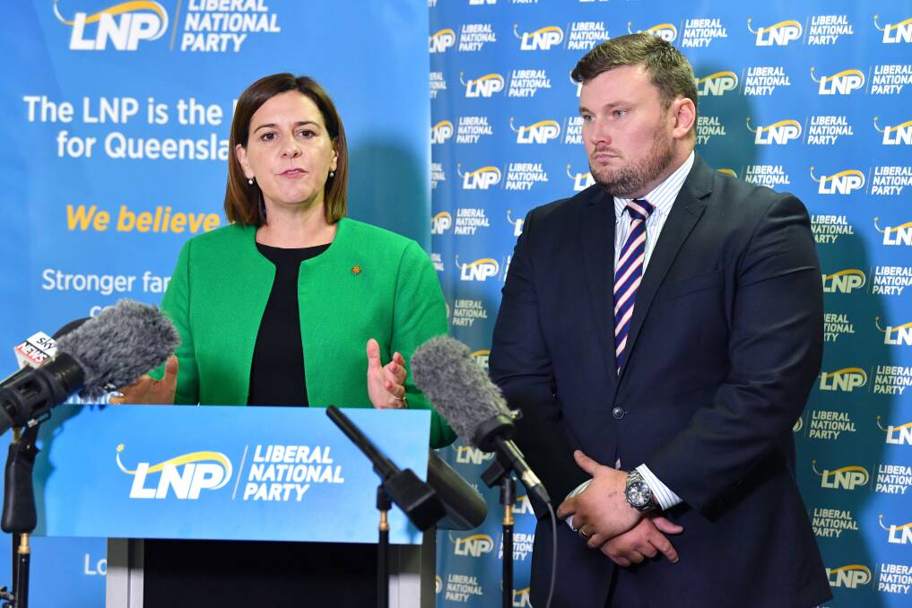 Queensland LNP Leader Deb Frecklington (left) and acting LNP acting president David Hutchinson (right) are seen during a press conference discussing the expulsion of the Member for Whitsunday, Jason Costigan. Photo: AAP