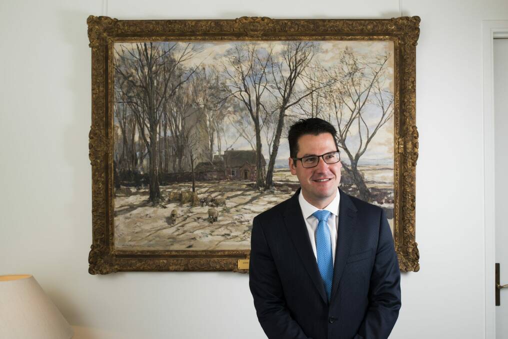 Zed Seselja in his office with artwork, Winter Western Turville by Alexander Jamieson. Photo: Rohan Thomson