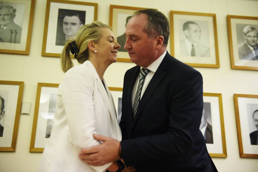Deputy Prime Minister Barnaby Joyce congratulates Bridget McKenzie on her election as deputy Nationals leader last year. Photo: Nick Moir