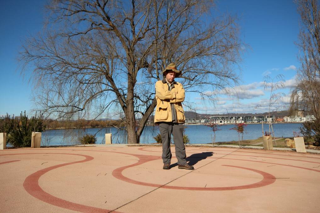 Tim,. the Yowie Man in contemplation at Clare Holland House's concrete labyrinth.  Photo: Dave Moore