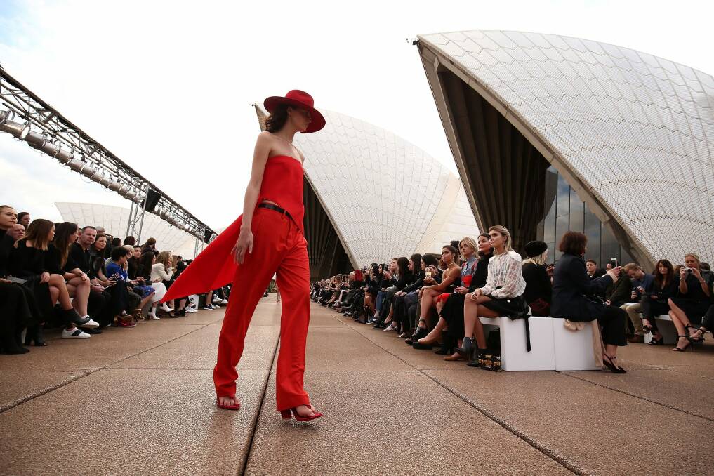 A model on the runway during the Mercedes-Benz Presents Dion Lee show at Mercedes-Benz Fashion Week Resort at the Sydney Opera House on Sunday. Photo: Getty Images