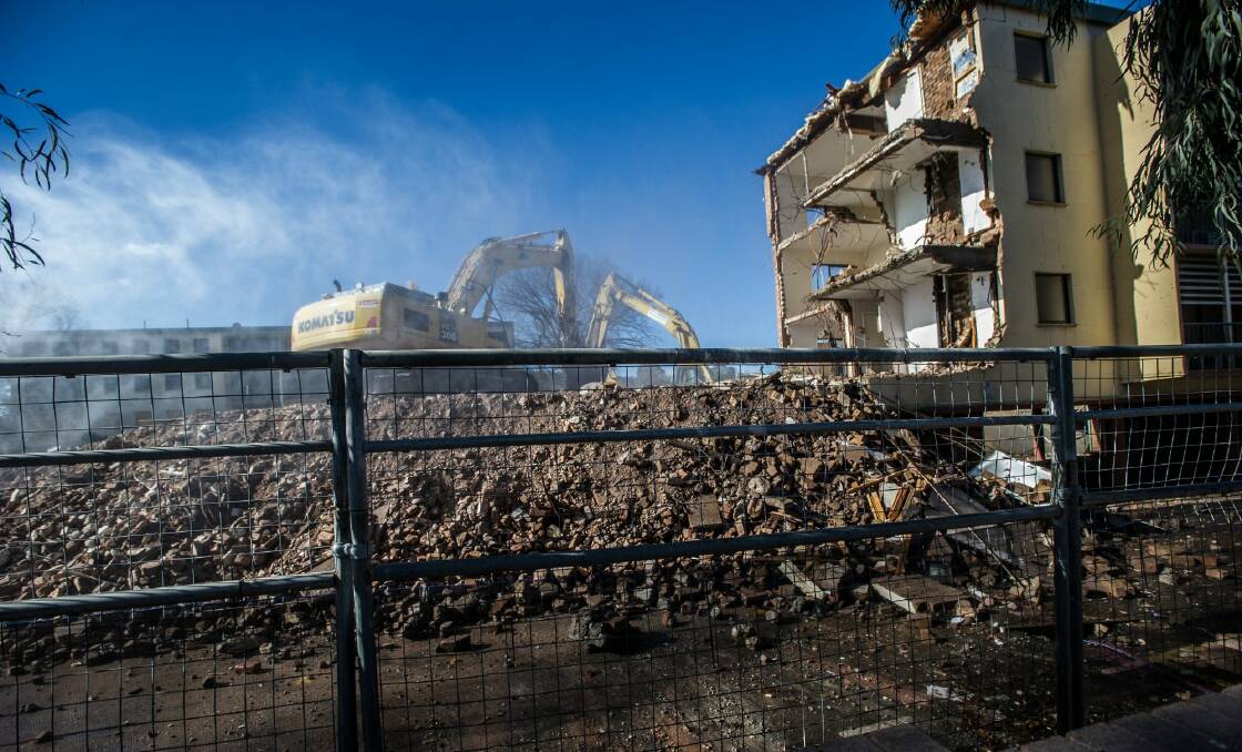 The demolition of public housing in civic, the ABC flats (Allawah, Bega and Currong buildings) on the edge of Civic underway last year. Photo: karleen minney