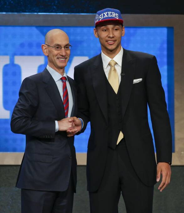 Ben Simmons with NBA Commissioner Adam Silver after being selected as the top pick by the Philadelphia 76ers. Photo: Frank Franklin II/AP