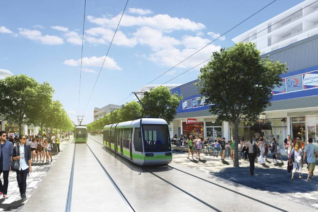 An artist's impression of the Gungahlin interchange of Canberra's proposed light rail network, which will travel past Harrison via Flemington Road. Photo: Supplied